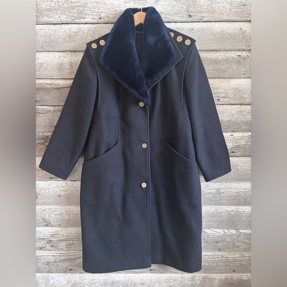 Vintage navy blue wool coat fur trim (made in Canada), size 9/10 (M) - Picture 2 of 5